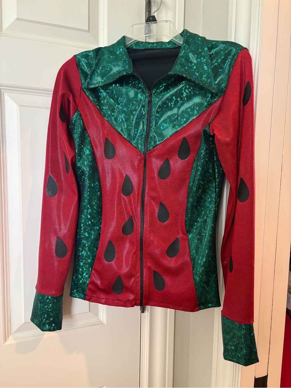 Women's Red & Green Zip-Front Sequin Accent Button Down Top